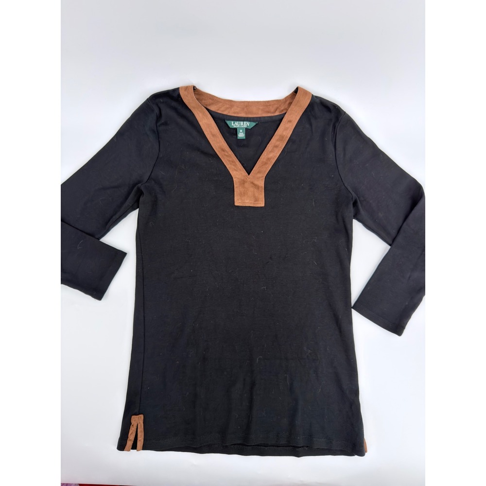 Lauren Ralph Lauren Top V-Neck Suede Trim Modern Women Size Medium Black Brown